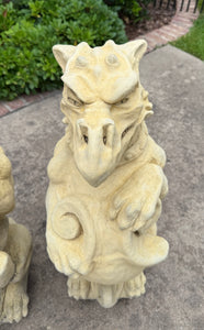 Vintage English Statues Garden Figures Gargoyles Shield Cast Stone Pair