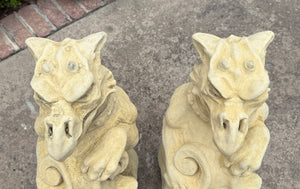Vintage English Statues Garden Figures Gargoyles Shield Cast Stone Pair
