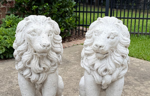 Vintage English Statues LIONS PAIR Garden Figures Cast Stone Yard Decor 22" Tall