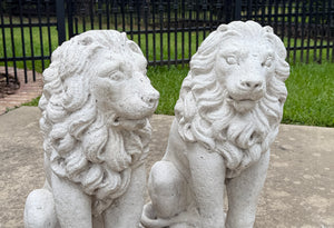 Vintage English Statues LIONS PAIR Garden Figures Cast Stone Yard Decor 22" Tall