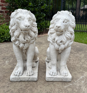 Vintage English Statues LIONS PAIR Garden Figures Cast Stone Yard Decor 22" Tall