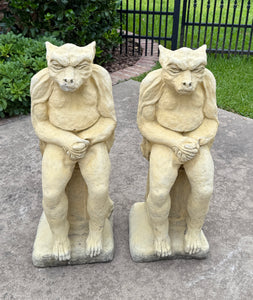 Vintage English Statues Garden Figures Gargoyles Seated Cast Stone Pair