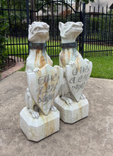 Load image into Gallery viewer, Vintage English Statues Garden Figures Gargoyles Brass Collars Cast Stone Pair