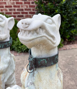 Vintage English Statues Garden Figures Gargoyles Brass Collars Cast Stone Pair