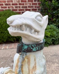 Vintage English Statues Garden Figures Gargoyles Brass Collars Cast Stone Pair