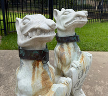 Load image into Gallery viewer, Vintage English Statues Garden Figures Gargoyles Brass Collars Cast Stone Pair