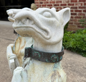 Vintage English Statues Garden Figures Gargoyles Brass Collars Cast Stone Pair