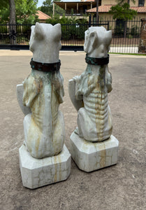 Vintage English Statues Garden Figures Gargoyles Brass Collars Cast Stone Pair