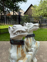 Load image into Gallery viewer, Vintage English Statues Garden Figures Gargoyles Brass Collars Cast Stone Pair