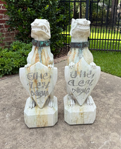 Vintage English Statues Garden Figures Gargoyles Brass Collars Cast Stone Pair
