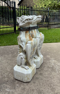 Vintage English Statues Garden Figures Gargoyles Brass Collars Cast Stone Pair