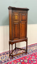 Load image into Gallery viewer, Antique English Jacobean Corner Cabinet Cupboard Storage Barley Twist Oak 1930s