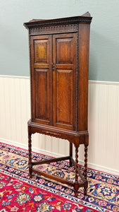 Antique English Jacobean Corner Cabinet Cupboard Storage Barley Twist Oak 1930s