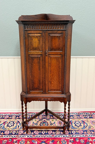 Antique English Jacobean Corner Cabinet Cupboard Storage Barley Twist Oak 1930s