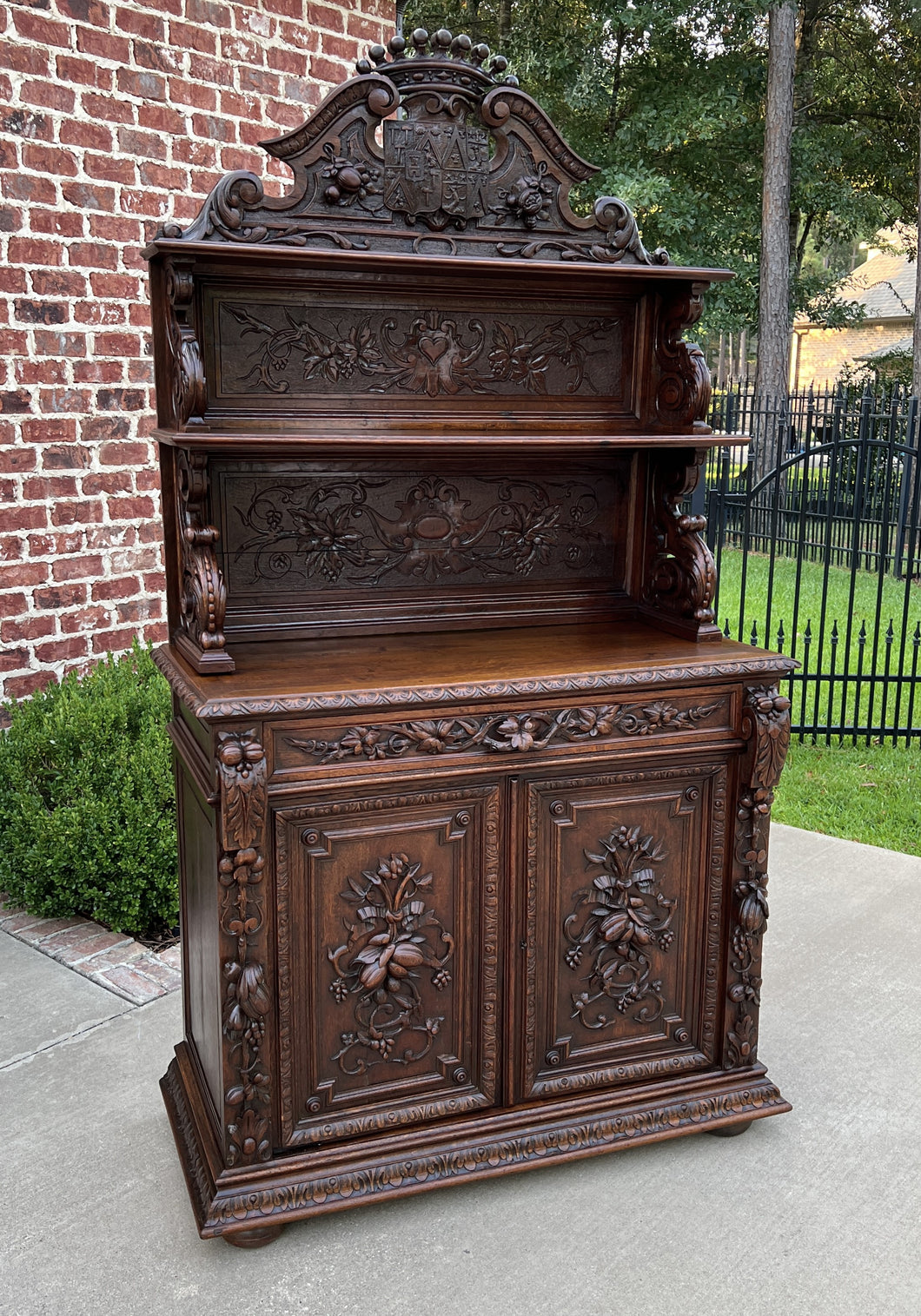 Antique French Buffet Server Sideboard Hunt Cabinet Black Forest Bookcase 19C