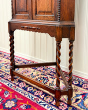 Load image into Gallery viewer, Antique English Jacobean Corner Cabinet Cupboard Storage Barley Twist Oak 1930s