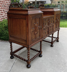 Antique English Sideboard Buffet Server Jacobean Barley Twist Oak Cabinet