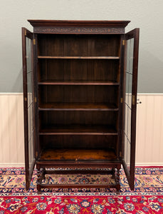 Antique English Jacobean Bookcase Bookshelf Display Cabinet Leaded Glass Oak