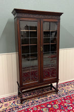 Load image into Gallery viewer, Antique English Jacobean Bookcase Bookshelf Display Cabinet Leaded Glass Oak