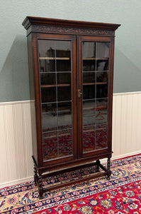 Antique English Jacobean Bookcase Bookshelf Display Cabinet Leaded Glass Oak