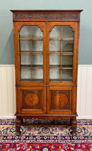 Load image into Gallery viewer, Antique English Bookcase Bookshelf Cabinet Double Door Wavy Glass Oak c.1930s