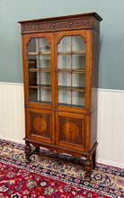 Load image into Gallery viewer, Antique English Bookcase Bookshelf Cabinet Double Door Wavy Glass Oak c.1930s