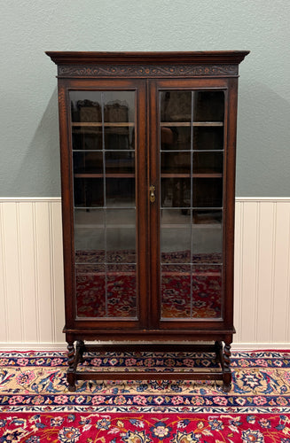 Antique English Jacobean Bookcase Bookshelf Display Cabinet Leaded Glass Oak