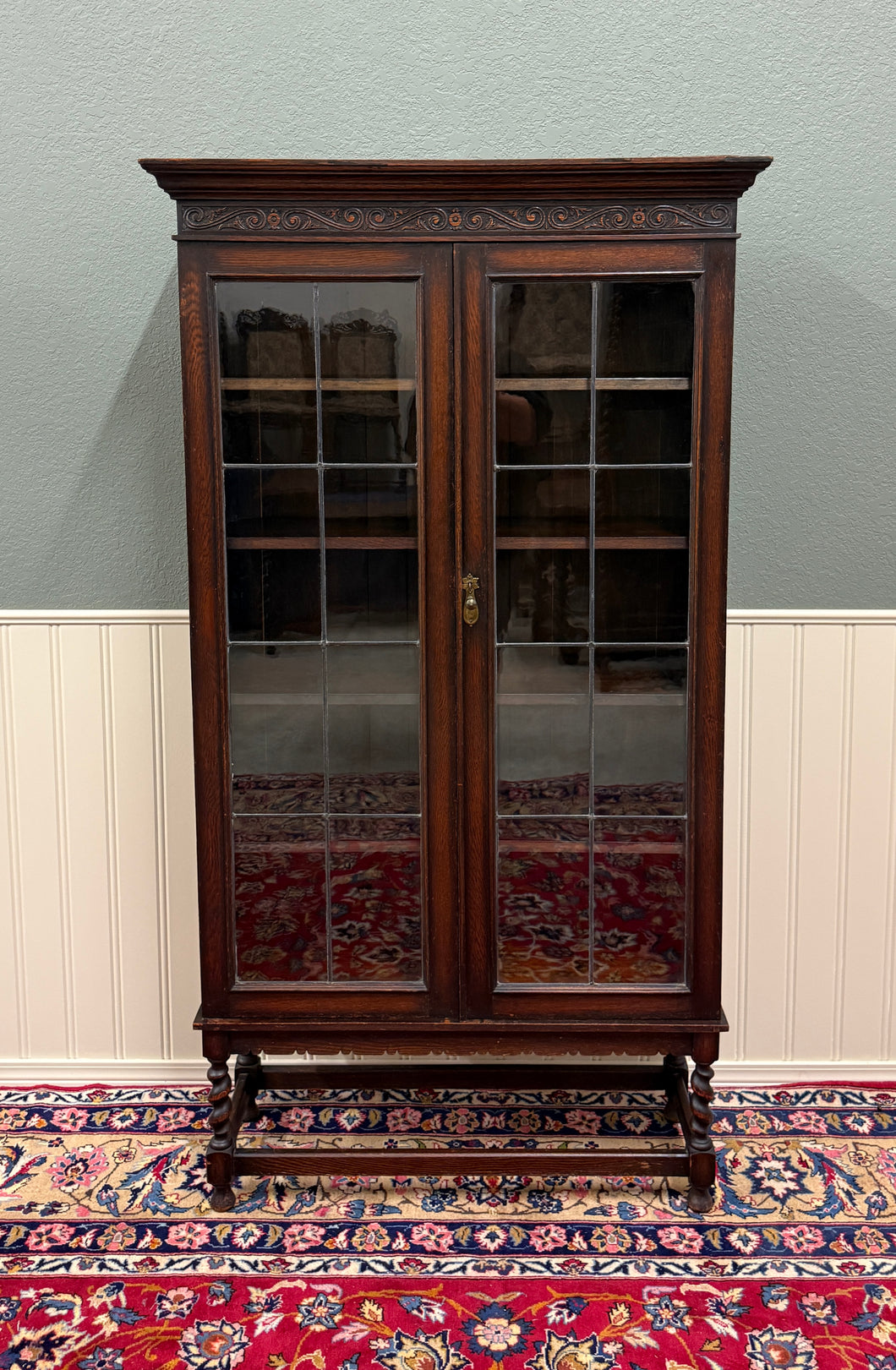 Antique English Jacobean Bookcase Bookshelf Display Cabinet Leaded Glass Oak