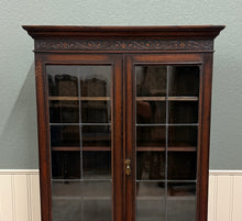 Load image into Gallery viewer, Antique English Jacobean Bookcase Bookshelf Display Cabinet Leaded Glass Oak