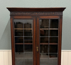 Antique English Jacobean Bookcase Bookshelf Display Cabinet Leaded Glass Oak
