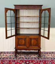 Load image into Gallery viewer, Antique English Bookcase Bookshelf Cabinet Double Door Wavy Glass Oak c.1930s