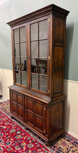Load image into Gallery viewer, Antique English Large Bookcase Bookshelf Cabinet Double Door Glass Oak c. 1910s