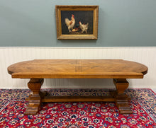 Load image into Gallery viewer, Antique French Country Dining Table Farmhouse Pedestal Trestle Honey Oak 1930s