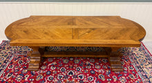 Load image into Gallery viewer, Antique French Country Dining Table Farmhouse Pedestal Trestle Honey Oak 1930s