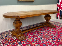 Load image into Gallery viewer, Antique French Country Dining Table Farmhouse Pedestal Trestle Honey Oak 1930s