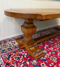 Load image into Gallery viewer, Antique French Country Dining Table Farmhouse Pedestal Trestle Honey Oak 1930s