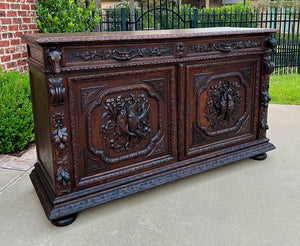 Antique French Server Sideboard Buffet Hunt Cabinet Black Forest Oak Dogs 19C