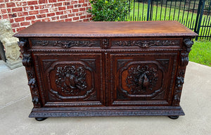 Antique French Server Sideboard Buffet Hunt Cabinet Black Forest Oak Dogs 19C