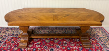 Load image into Gallery viewer, Antique French Country Dining Table Farmhouse Pedestal Trestle Honey Oak 1930s