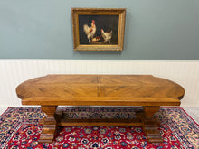 Load image into Gallery viewer, Antique French Country Dining Table Farmhouse Pedestal Trestle Honey Oak 1930s