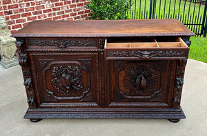 Antique French Server Sideboard Buffet Hunt Cabinet Black Forest Oak Dogs 19C