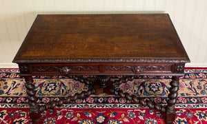 Antique French Desk Writing Table Barley Twist Renaissance Revival Tiger Oak