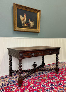 Antique French Desk Writing Table Barley Twist Renaissance Revival Tiger Oak