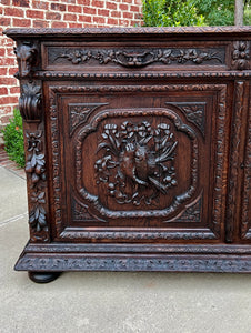 Antique French Server Sideboard Buffet Hunt Cabinet Black Forest Oak Dogs 19C