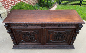 Antique French Server Sideboard Buffet Hunt Cabinet Black Forest Oak Dogs 19C