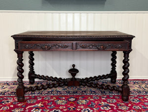 Antique French Desk Writing Table Barley Twist Renaissance Revival Tiger Oak