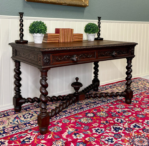 Antique French Desk Writing Table Barley Twist Renaissance Revival Tiger Oak