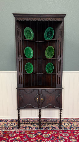 Antique English Jacobean Corner Cabinet Barley Twist Legs Oak Key TALL 1920s