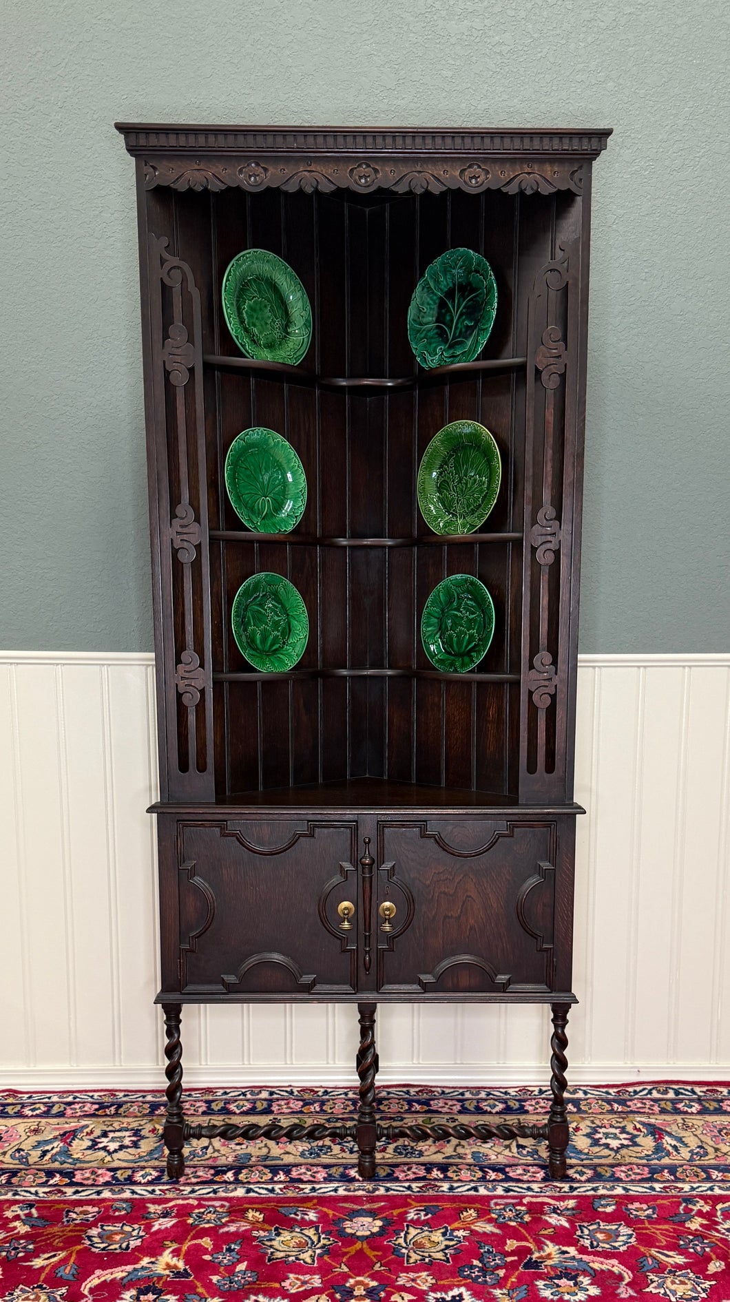 Antique English Jacobean Corner Cabinet Barley Twist Legs Oak Key TALL 1920s