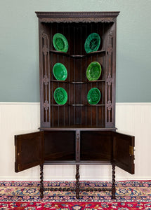 Antique English Jacobean Corner Cabinet Barley Twist Legs Oak Key TALL 1920s